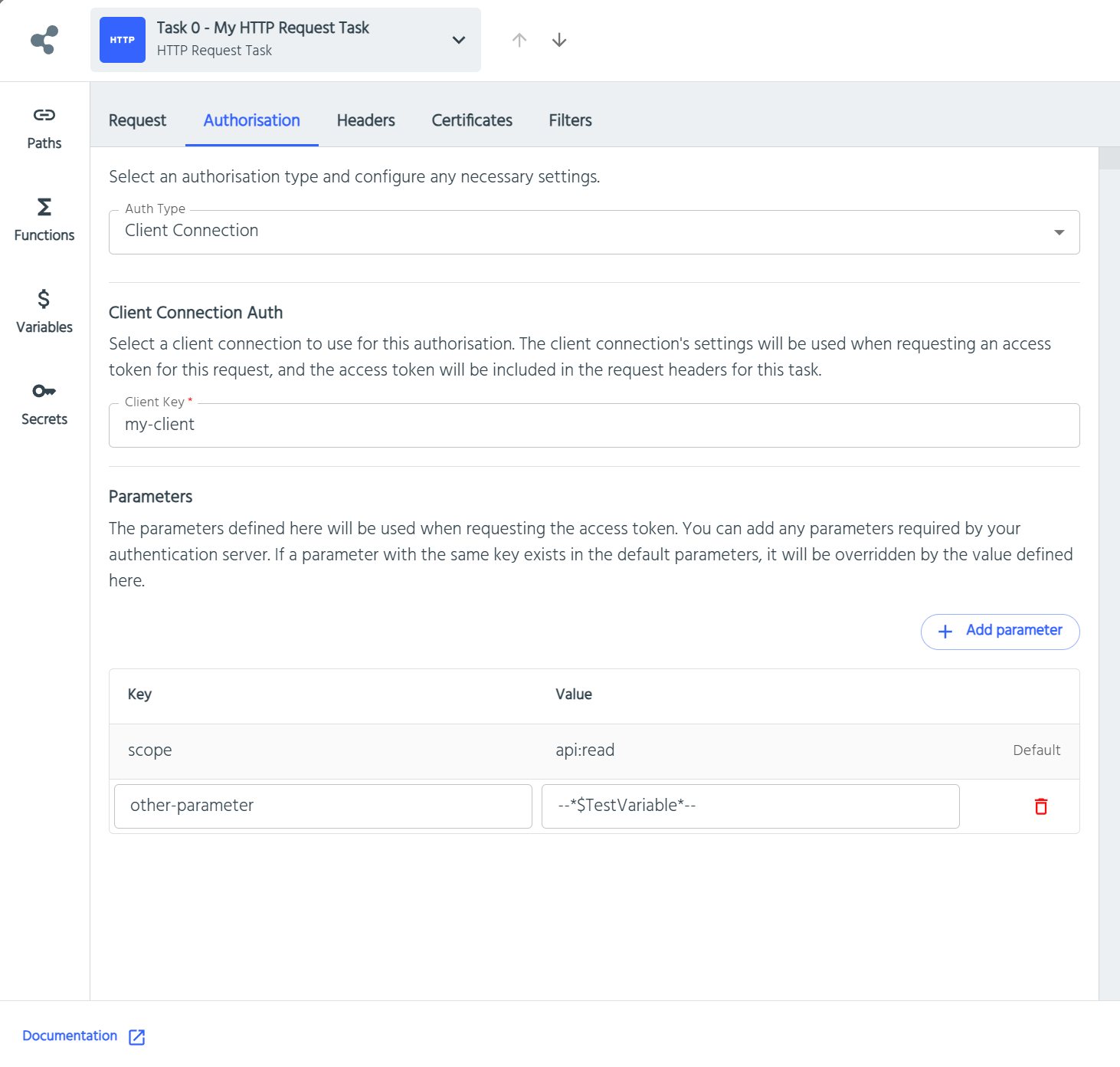 Use Client Credentials Connection in HTTP Request Task