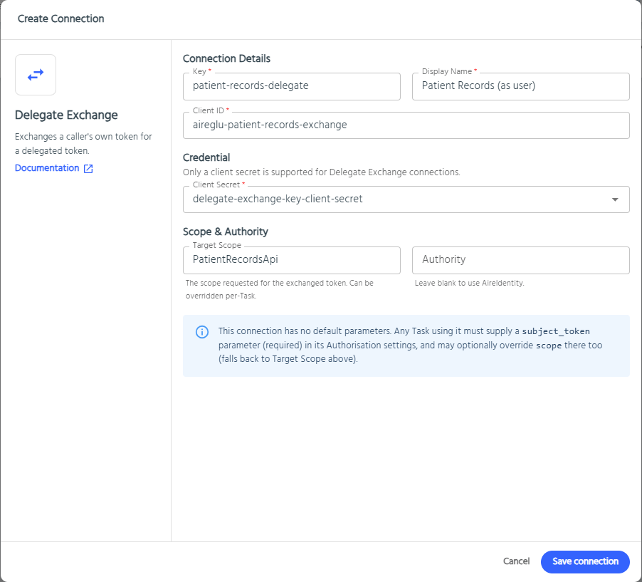 Create Delegate Exchange Connection