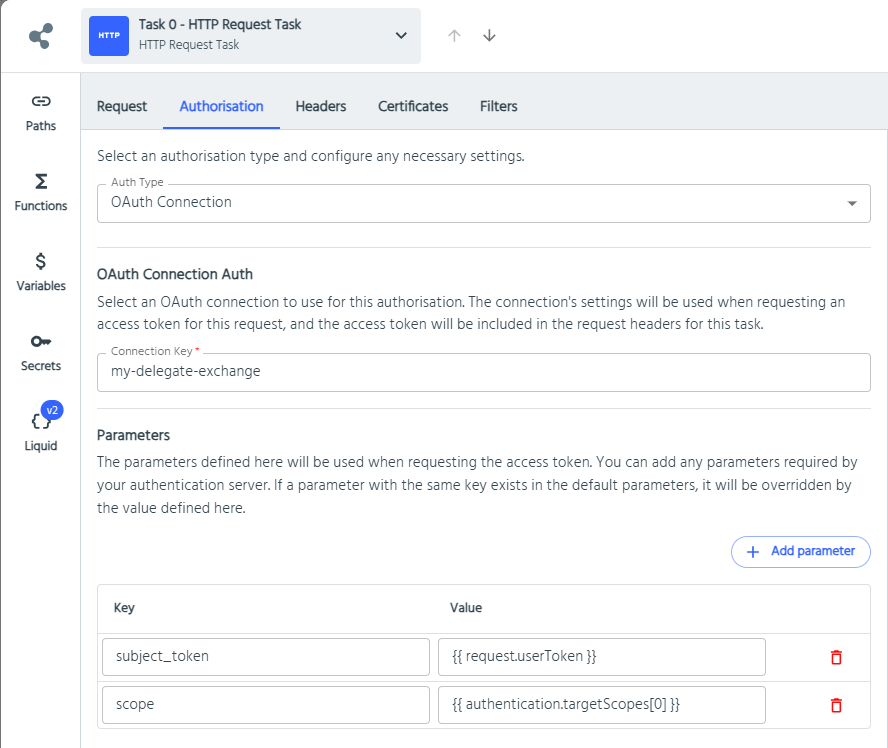 Use Delegate Exchange Connection in HTTP Request Task